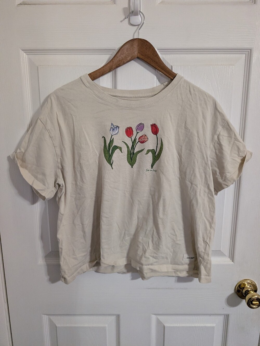 Life Is Good Womens Top Ivory Short Sleeve Beige Flowers Floral Size Large